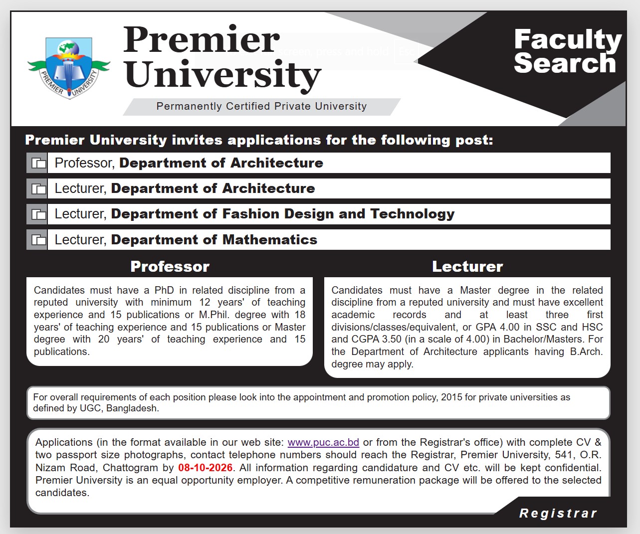 Lecturer, Department of Fashion Design and Technology vacancy advertisement