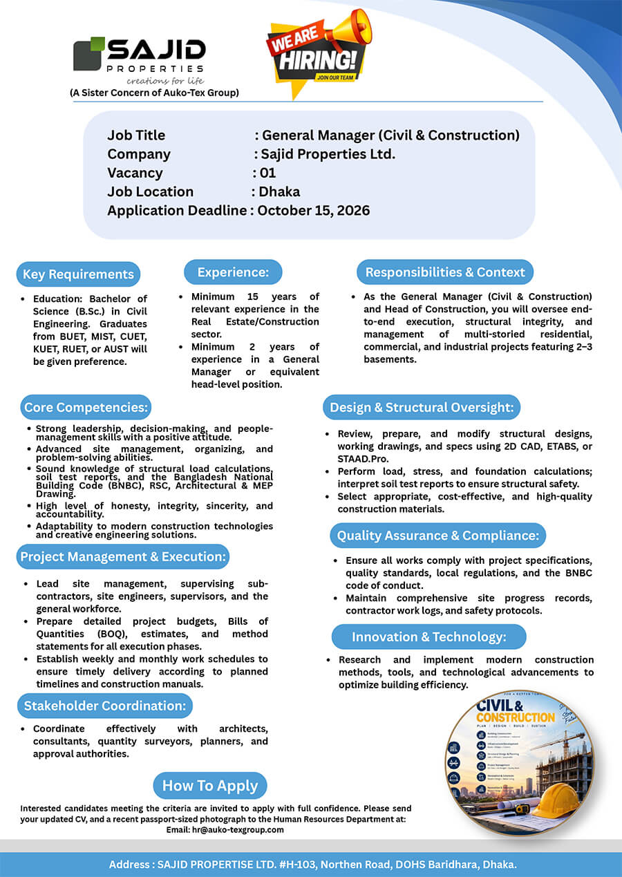 General Manager (Civil & Construction) vacancy advertisement